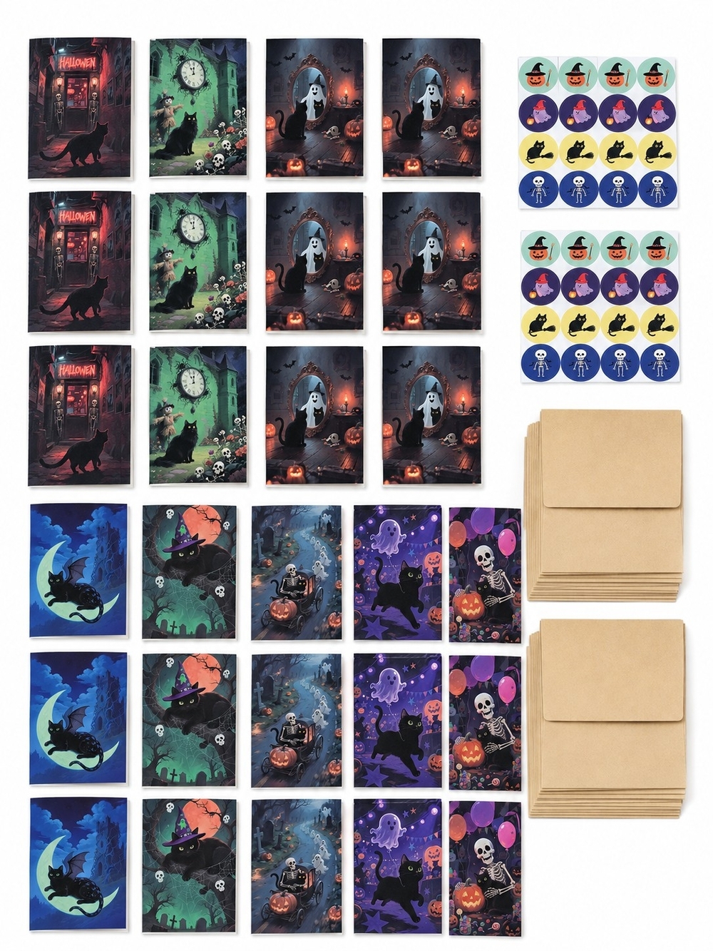 24 Black Cat Halloween Greeting Cards Envelopes Stickers Spooky Set - Picture 2 of 2